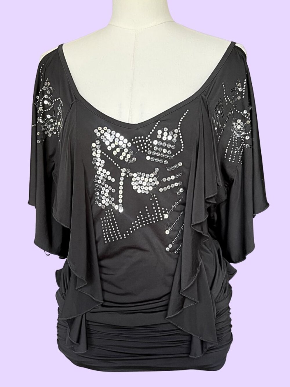 Y2K XOXO Black Sequin Flutter Sleeve Top